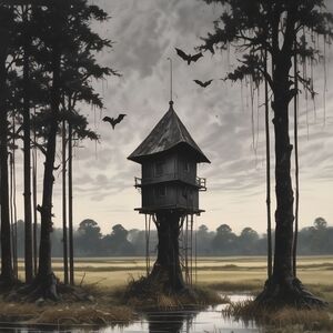 Mystical Black and Gray Treehouse Art Print